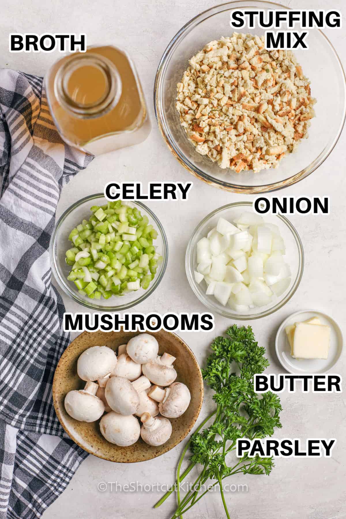 stuffing mix , broth , celery , onion , mushrooms , butter , and parsley with labels to make Shortcut Stuffing from a Box