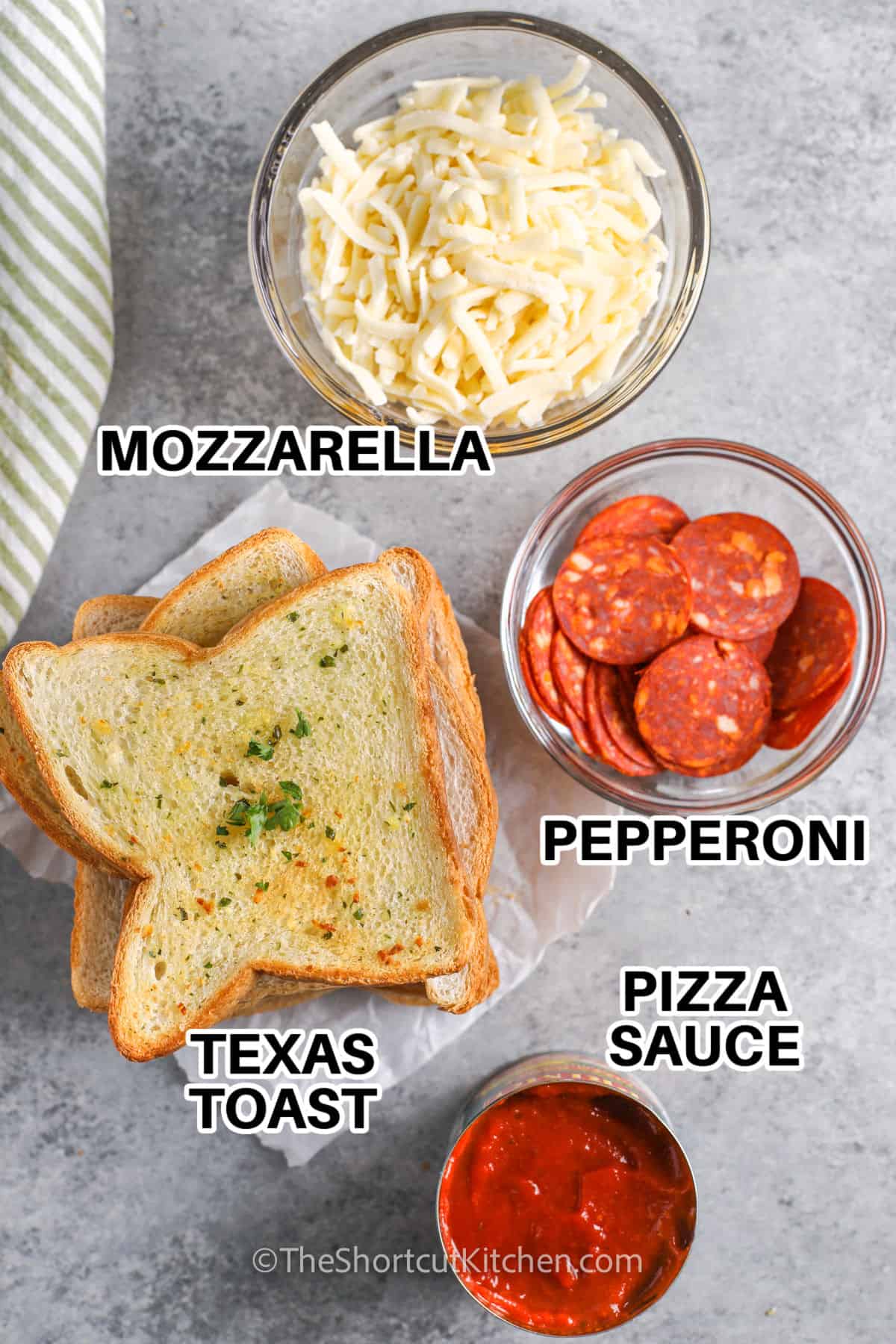 mozzarella , pepperoni , pizza sauce and Texas toast with labels to make Texas Toast Pizza