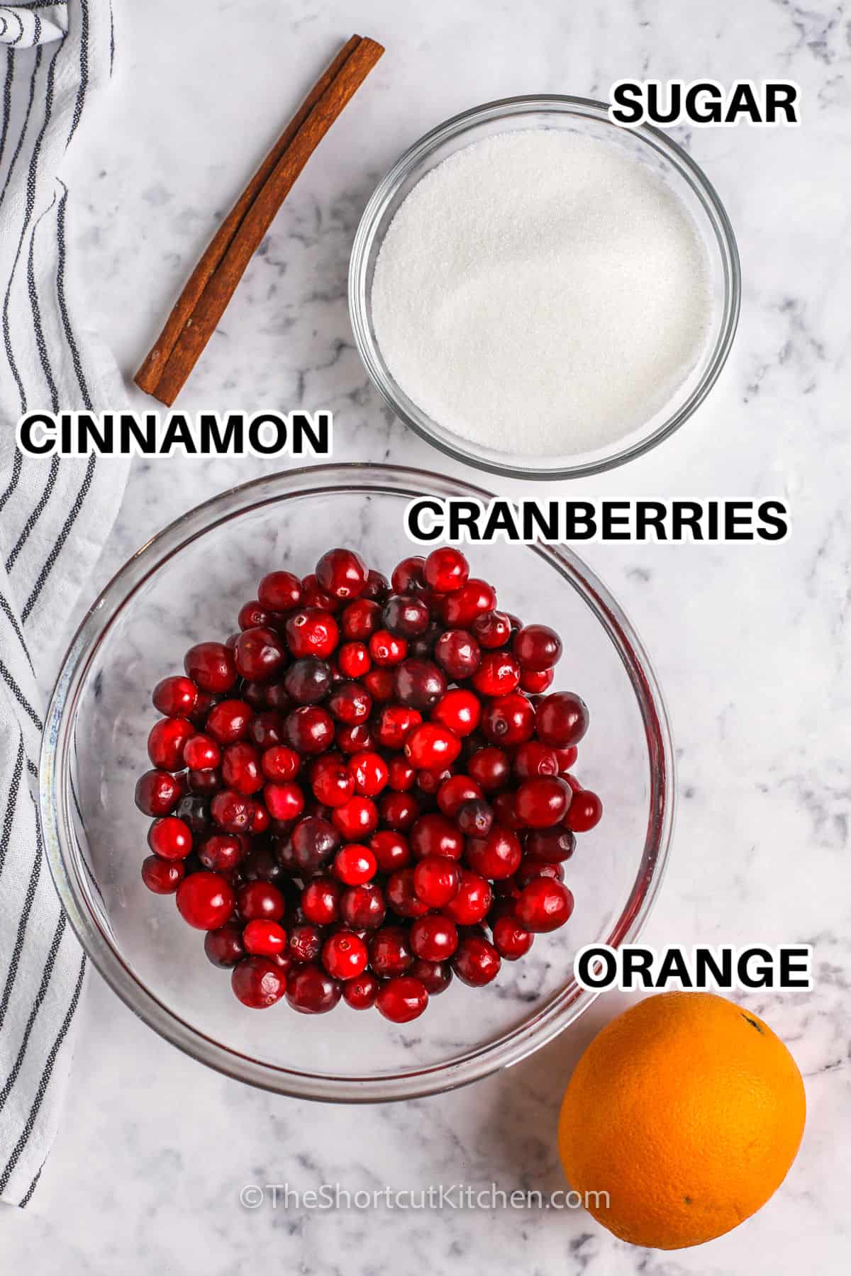 cranberries , sugar , cinnamon and orange with labels to make Whole Berry Cranberry Sauce