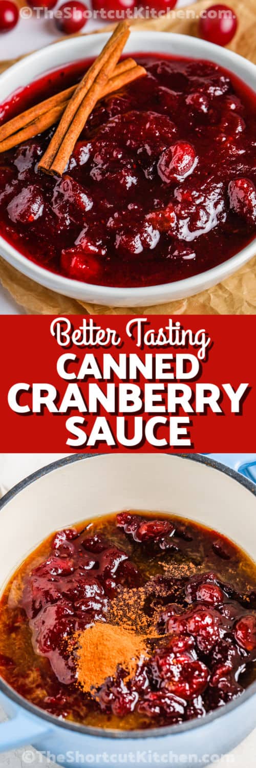 ingredients in a pot to make Better Canned Cranberry Sauce with plated dish and writing