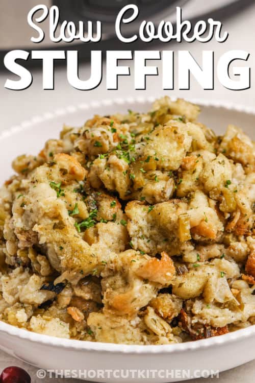 plated Easy Slow Cooker Stuffing with a title