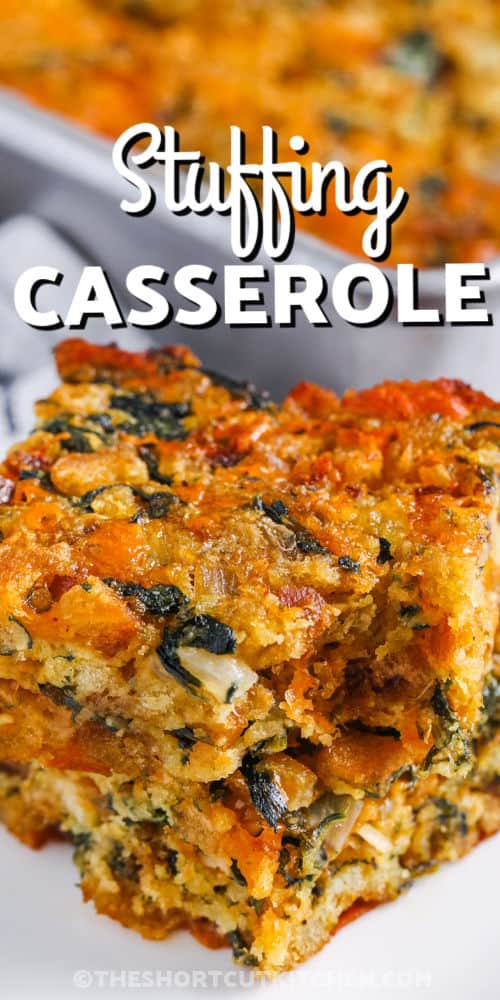 close up of Cheesy Spinach Stuffing Casserole with writing