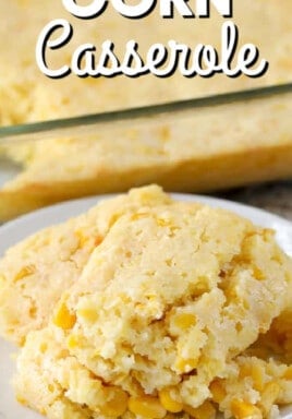 close up of plated Cream Corn Casserole with writing