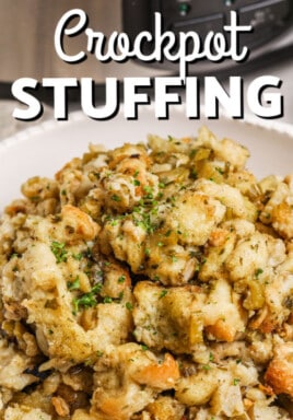 bowl of Easy Slow Cooker Stuffing with writing