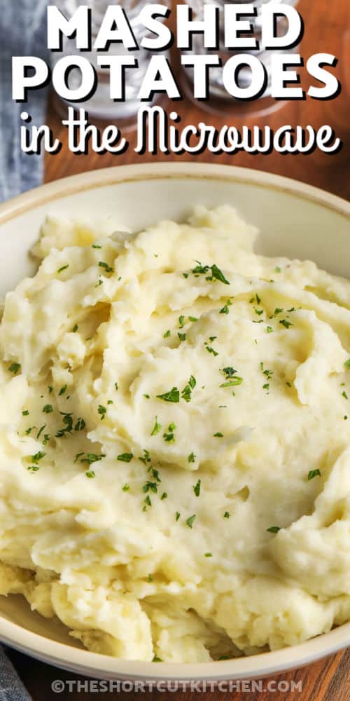 close up of plated Microwave Mashed Potatoes with a title