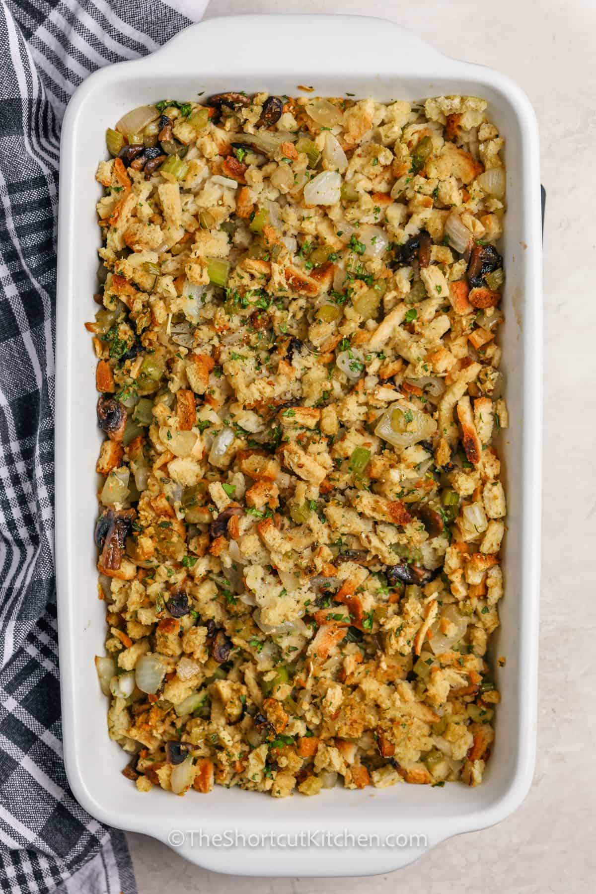 cooked Shortcut Stuffing from a Box in the casserole dish