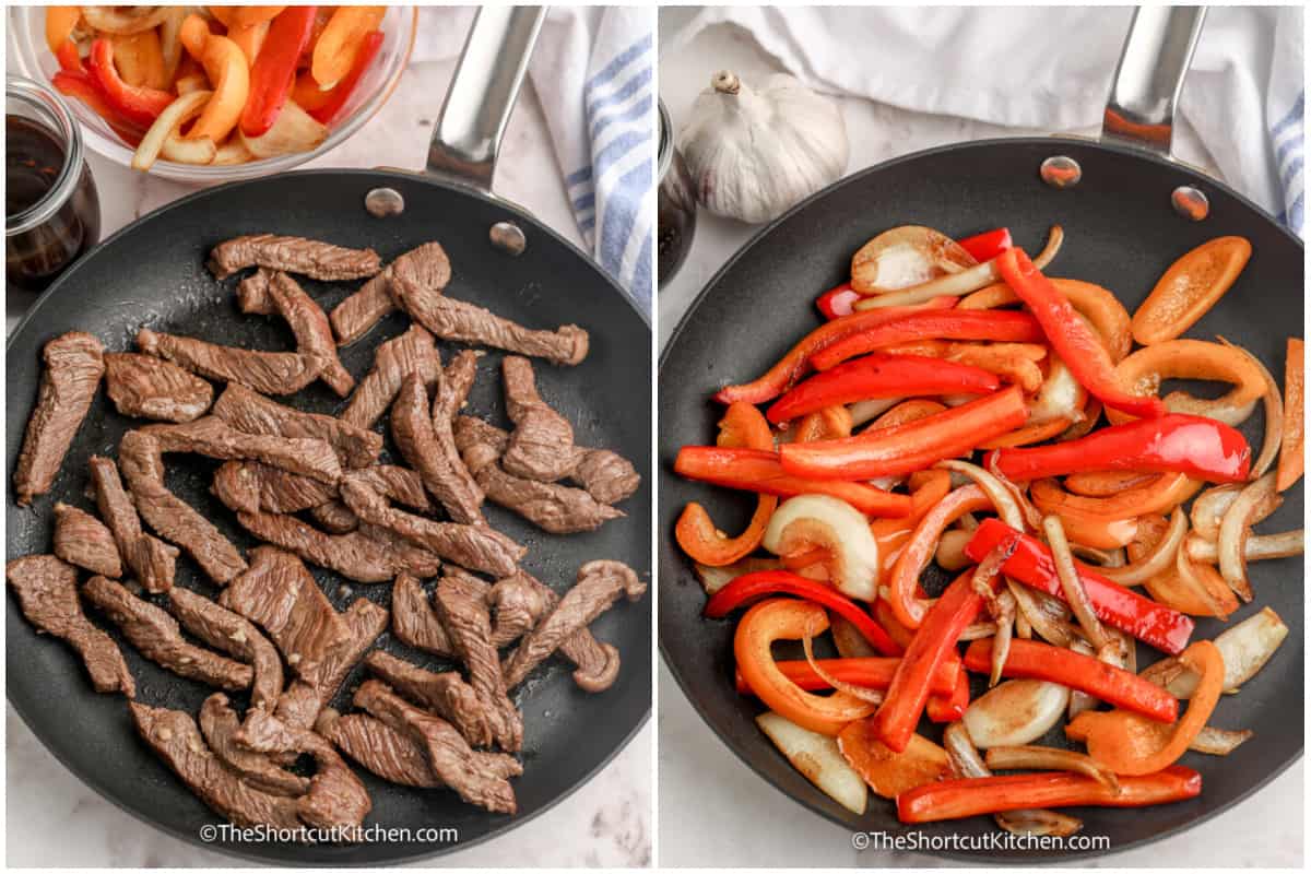 process to cook steak, and cook vegetables, in a skillet to make Steak Stir Fry