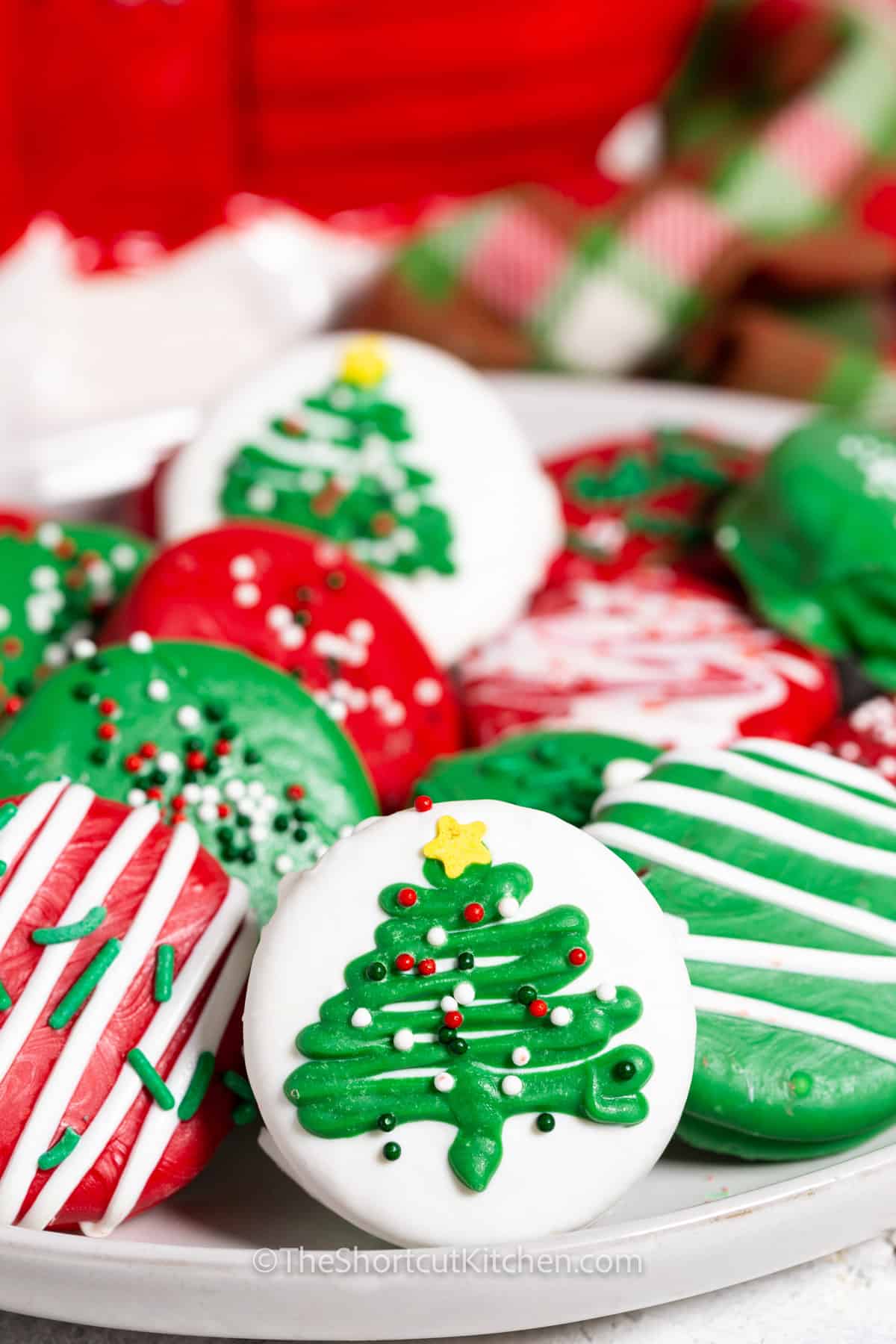 close up of Christmas Dipped Oreos on a plate