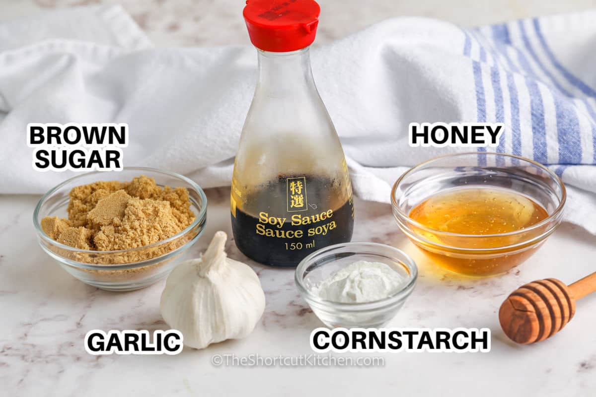 brown sugar , garlic , cornstarch , soy sauce and honey with labels to make Homemade Honey Garlic Sauce