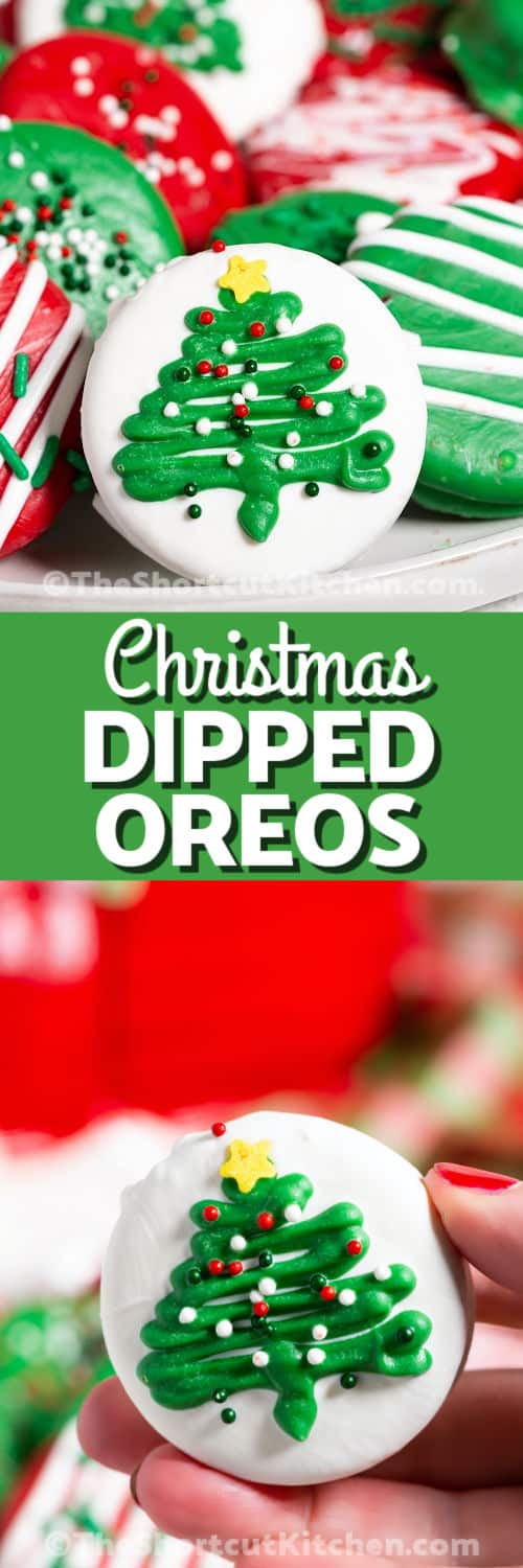 plated Christmas Dipped Oreos and close up photo with writing