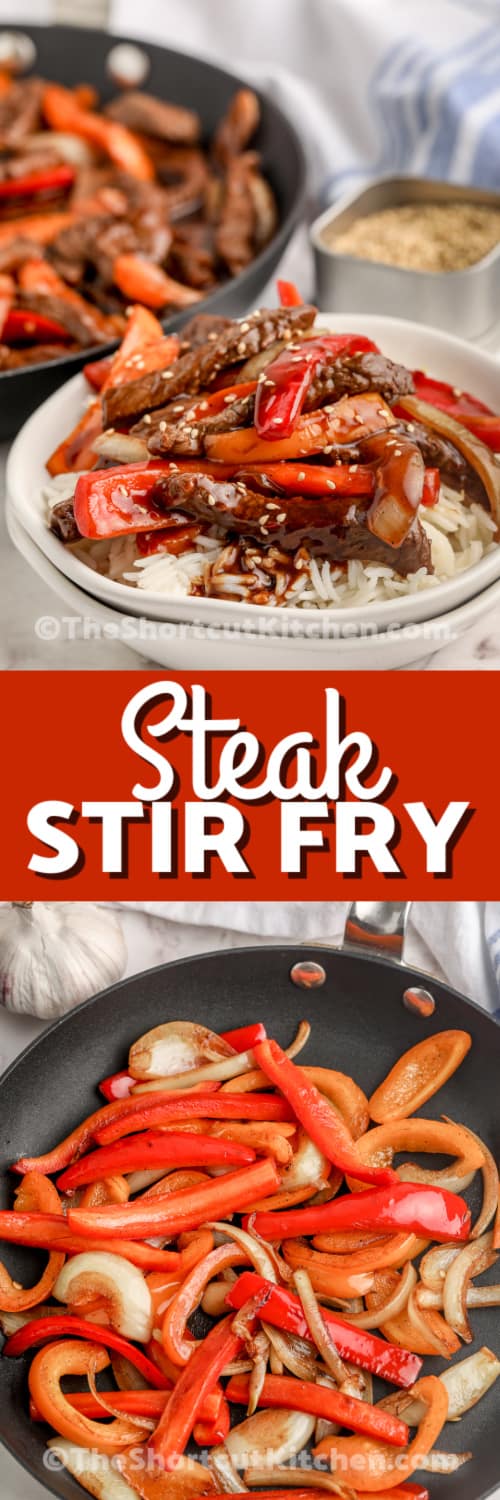 steak stir fry and onions and peppers being cooked in a pan with text