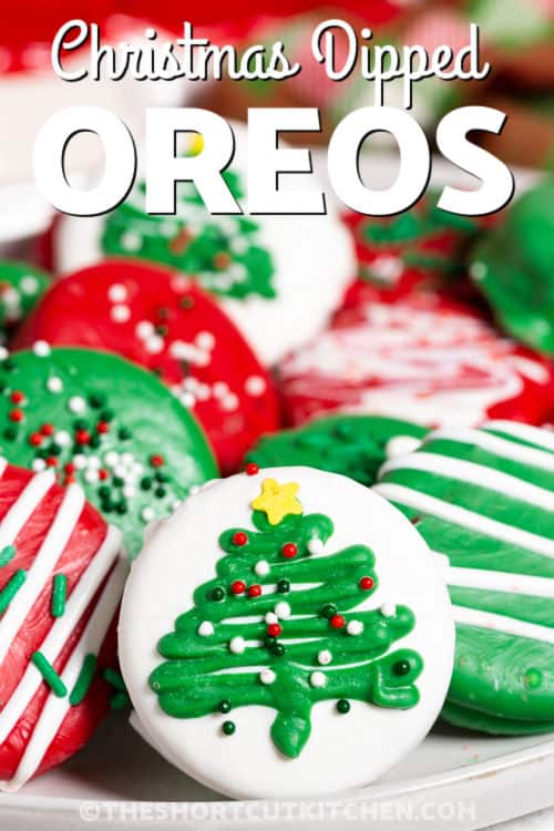 plated Christmas Dipped Oreos with a title