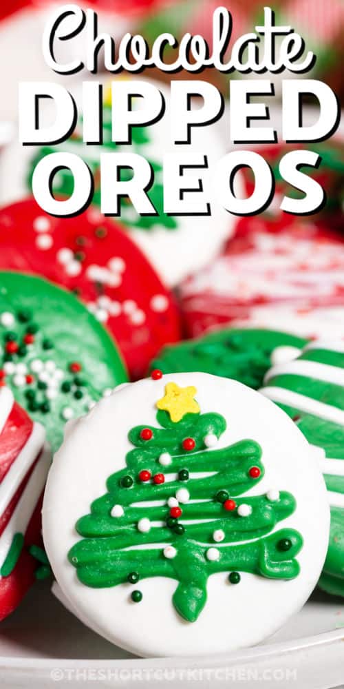 close up of Christmas Dipped Oreos with writing