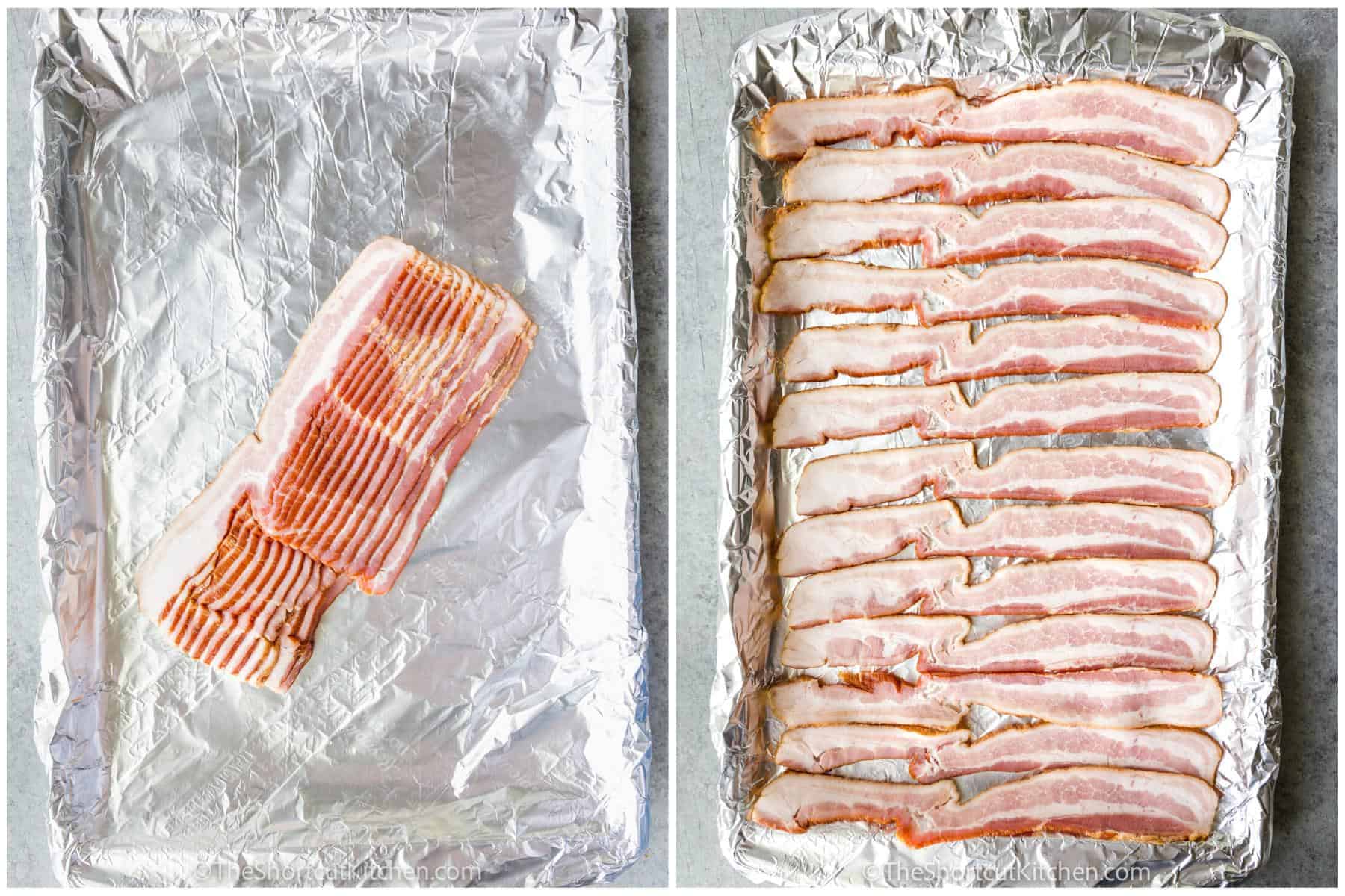 slices of uncooked bacon on a foil lined baking sheet, in a pile and spread out, to make Oven Baked Bacon