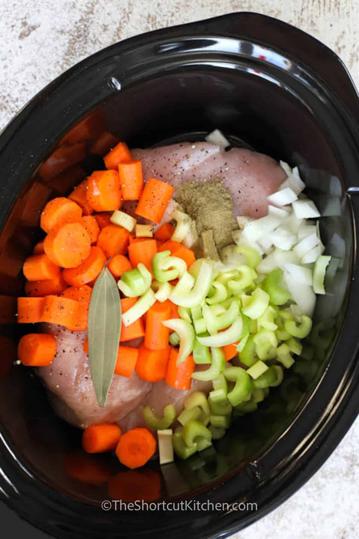 ingredients in the crockpot to make Crockpot Chicken Noodle Soup