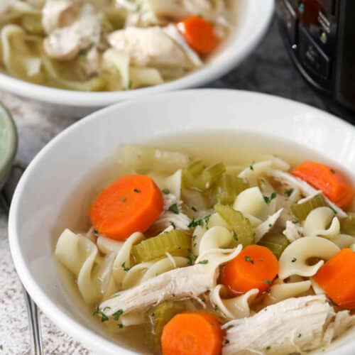 bowls of Crockpot Chicken Noodle Soup