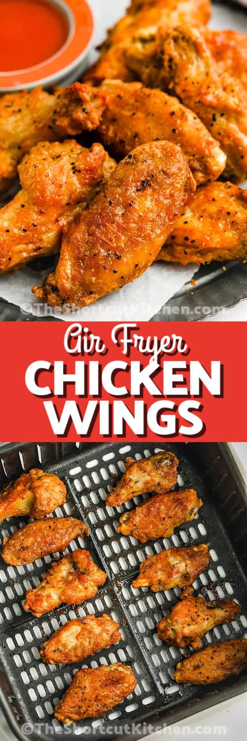 Air Fryer Frozen Chicken Wings cooked in the fryer and plated with a title