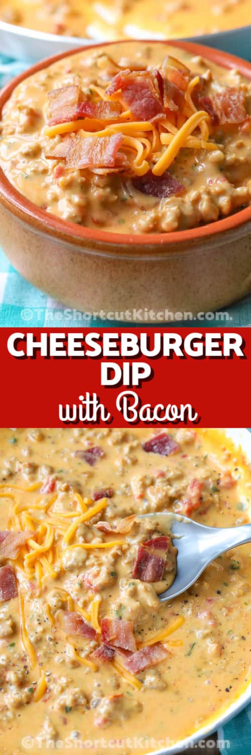 Bacon Cheeseburger Dip in a bowl and plated with writing