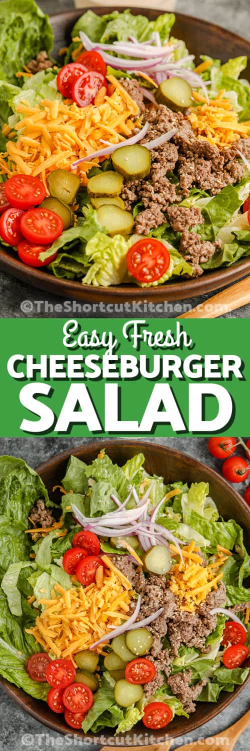 Cheeseburger Salad in a bowl and close up with a title
