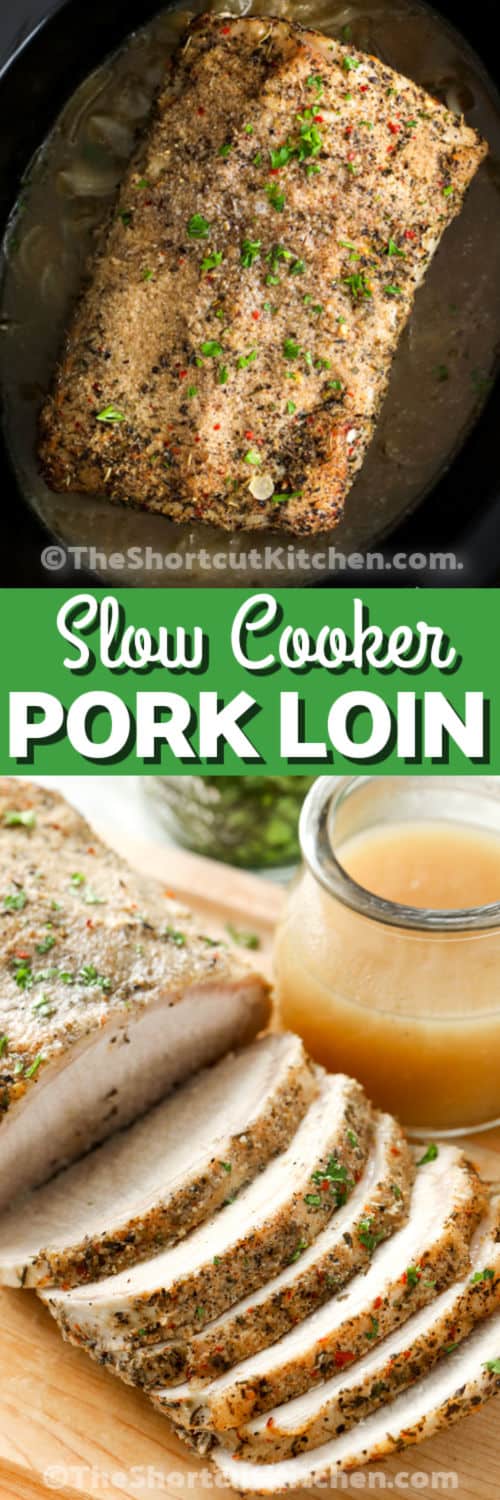 cooked Crock Pot Pork Loin and sliced with a title