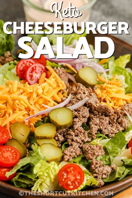 bowl of Cheeseburger Salad with a title