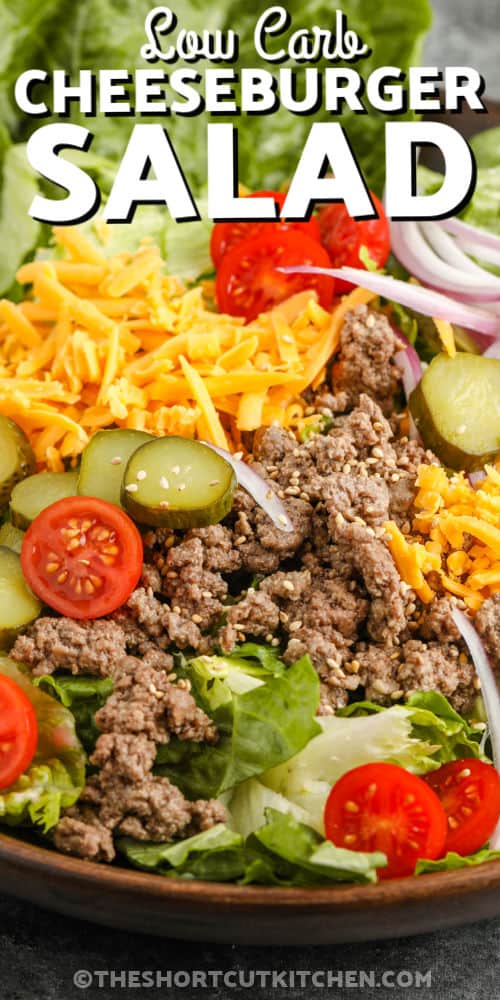 close up of Cheeseburger Salad with writing