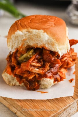 close up of BBQ Bacon Chicken Sliders with pickles