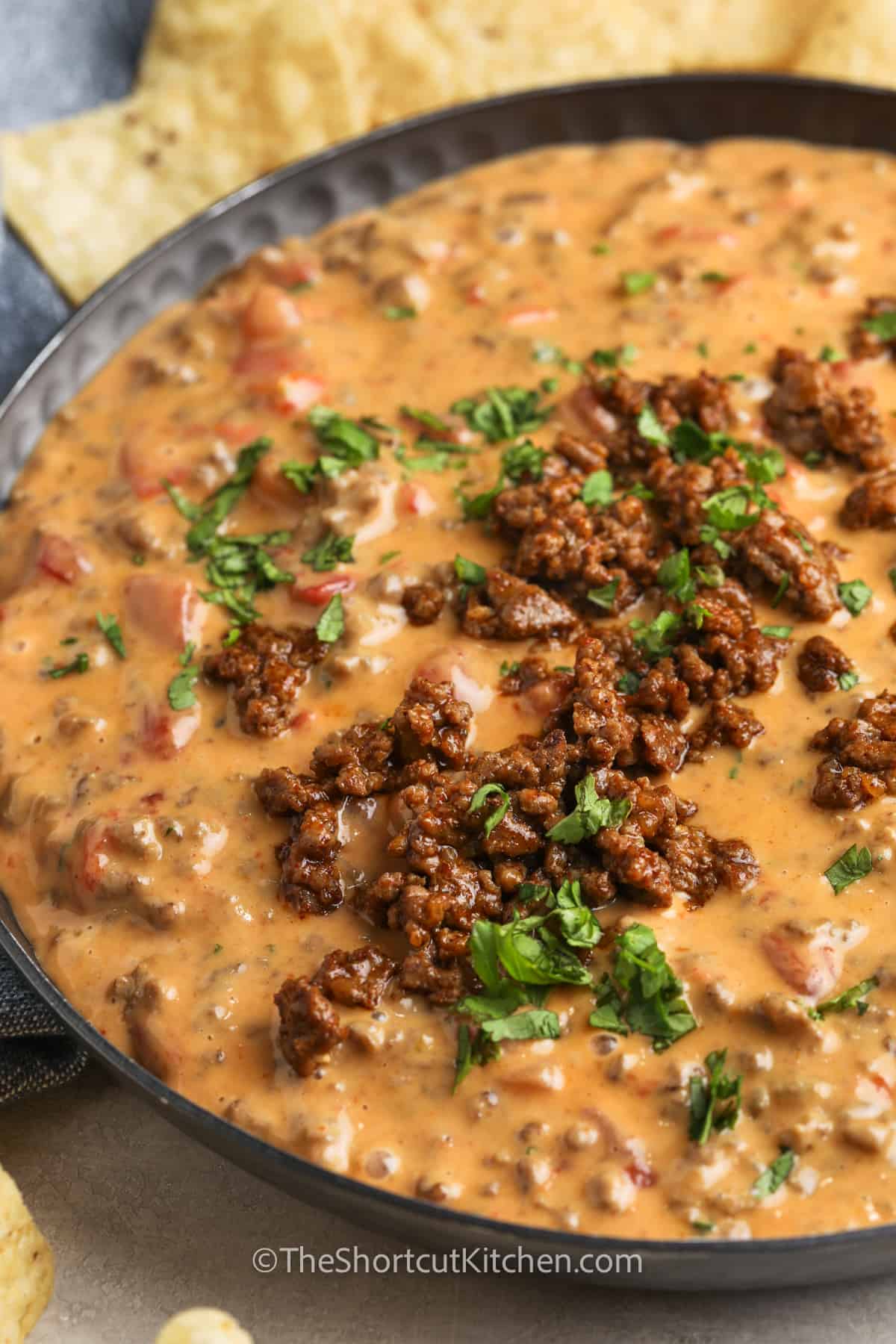 close up of Easy Beef Queso Dip in the pot
