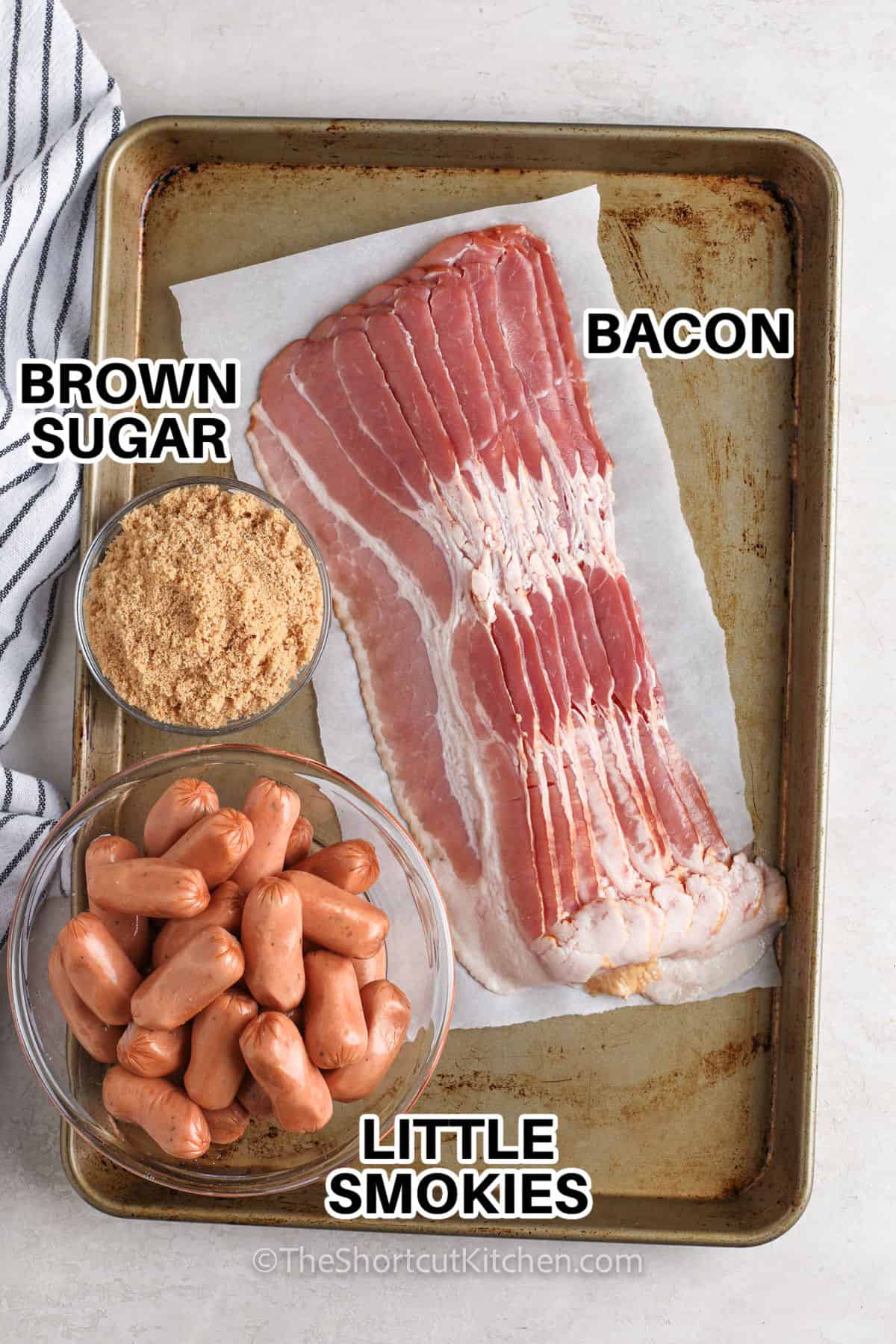 brown sugar , bacon and littles smokies with labels to make Bacon Wrapped Smokies Recipe