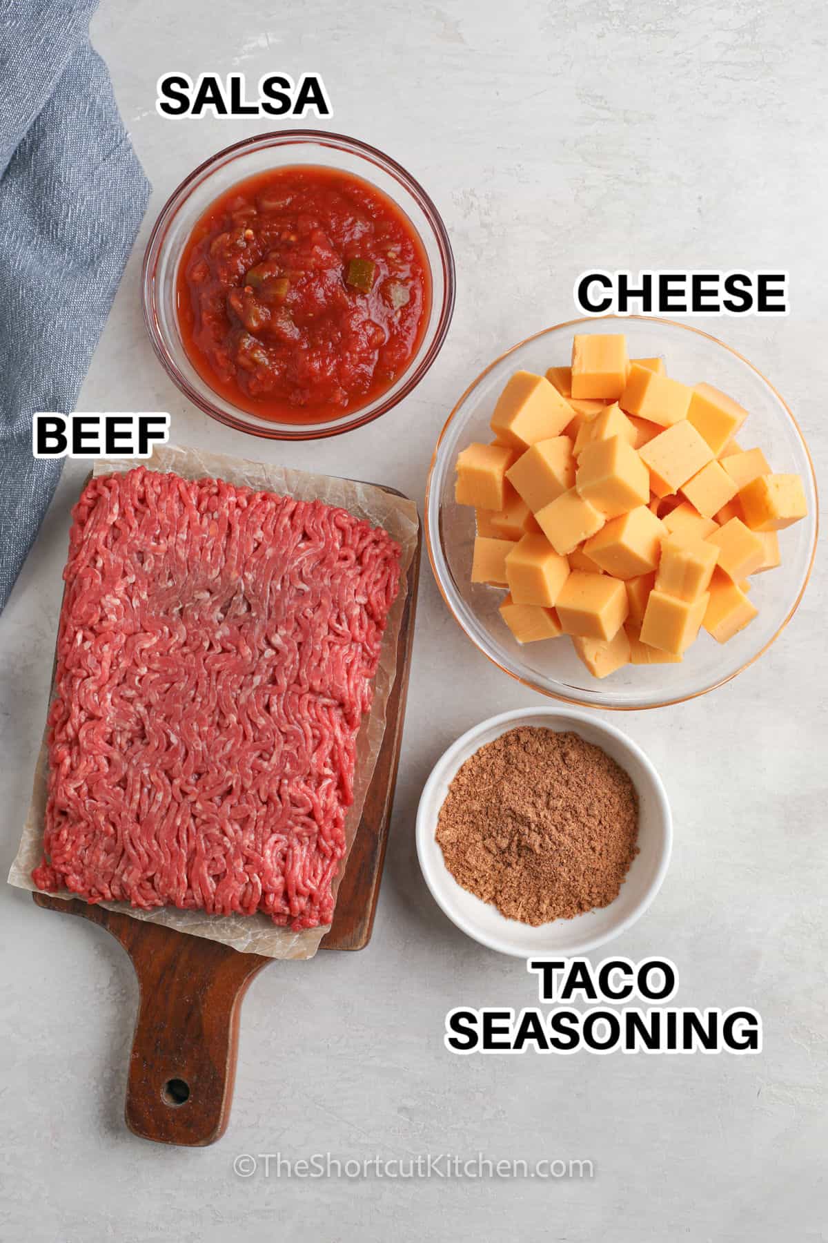 beef , salsa , cheese and taco seasonings with labels to make Easy Beef Queso Dip