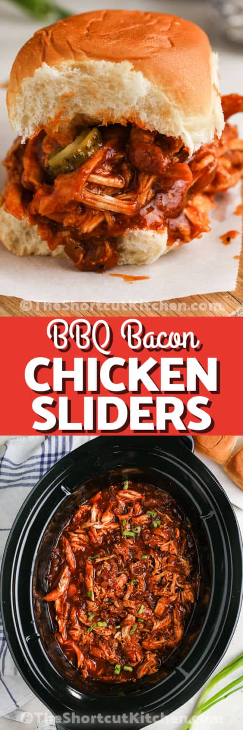 BBQ Bacon Chicken Sliders filling cooked in the pot and plated slider with writing