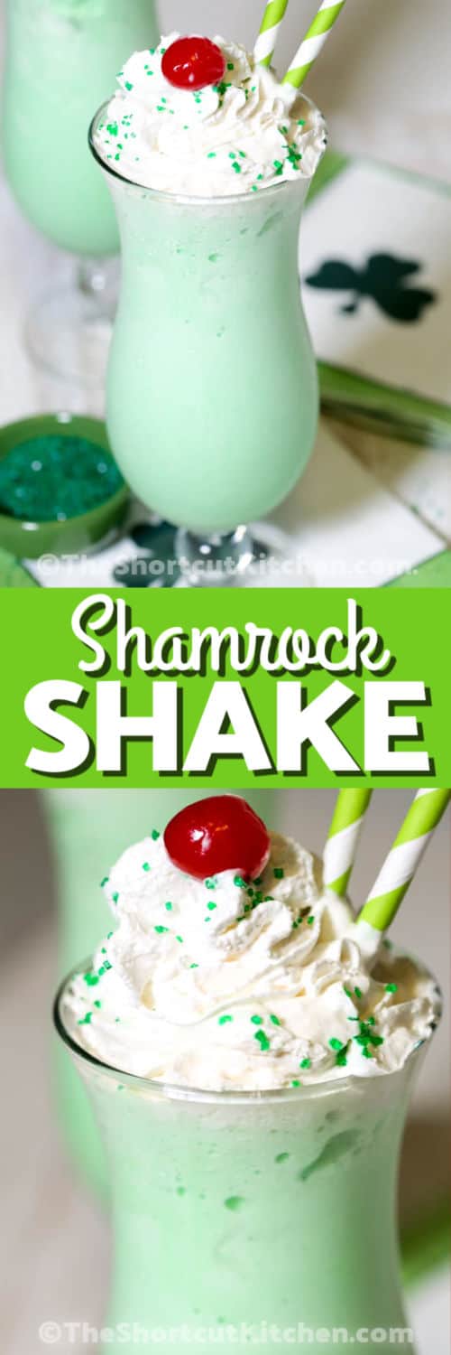 copycat shamrock shake recipe in a glass and close up with a title
