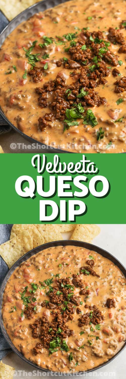 Easy Beef Queso Dip in the pan and close up with a title