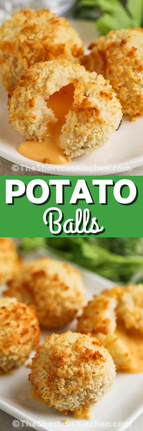 Fried Mashed Potato Balls on a plate and close up with a title