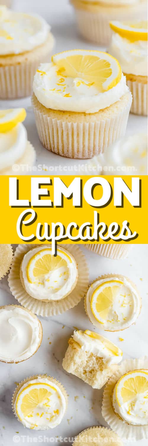 Lemon Cupcakes on a table and close up with writing