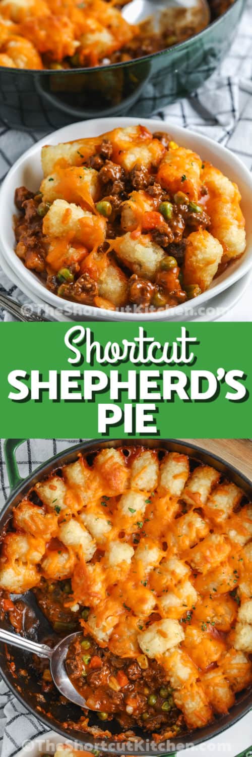 Shortcut Shepherd’s Pie in the pan and plated with a title