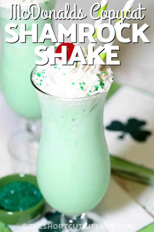 glasses of copycat shamrock shake recipe with writing