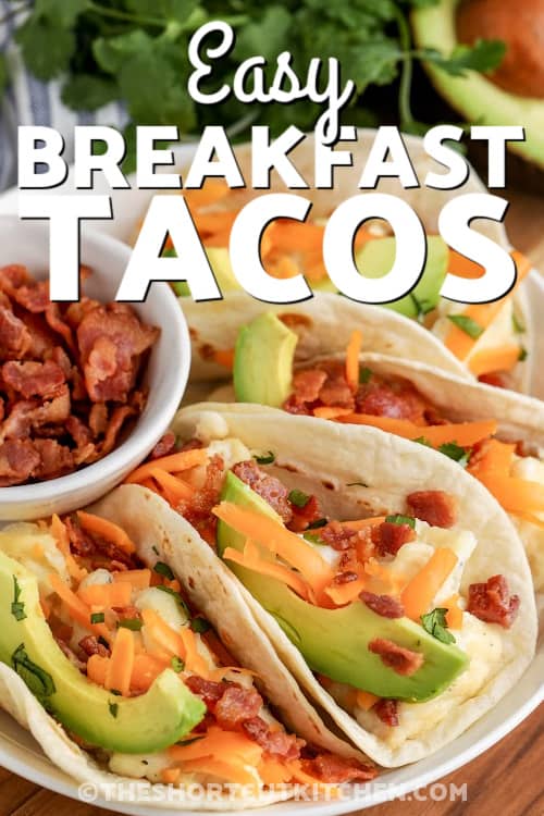 breakfast tacos on a plate with text