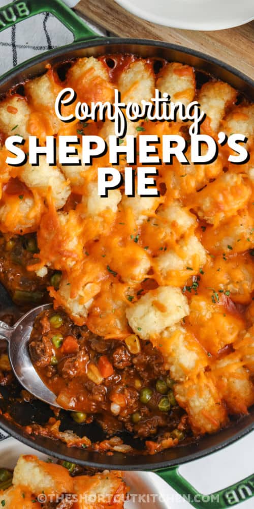 taking a spoonful of Shortcut Shepherd’s Pie out of the pan with a title