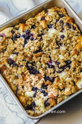 baked Blueberry Overnight French Toast Bake in a square pan