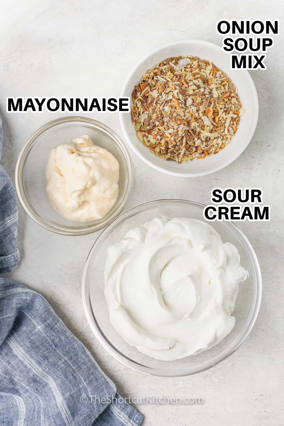 onion soup mix , mayonnaise , sour cream with labels to make Onion Dip Recipe