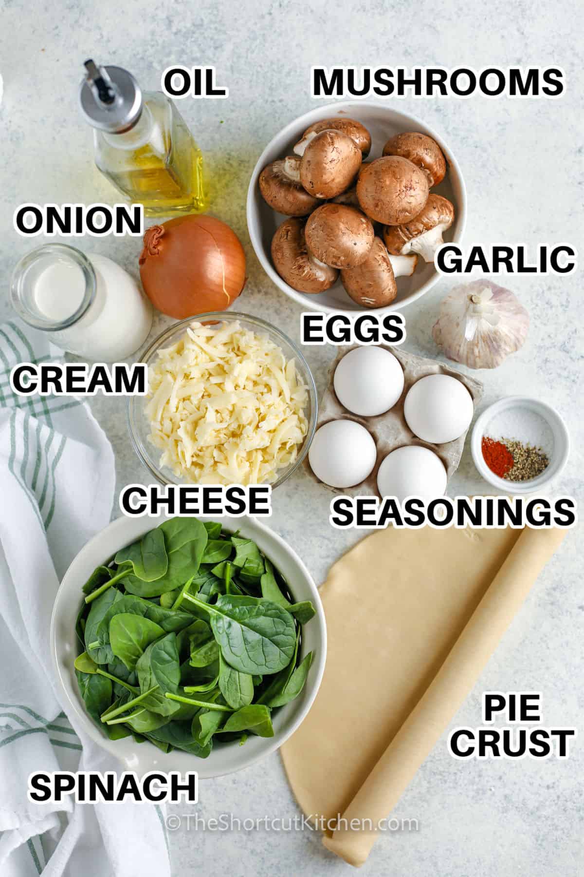 oil , mushrooms , onion , cream , cheese , eggs , garlic , seasonings , spinach and pie crust with labels to make Spinach Quiche Recipe