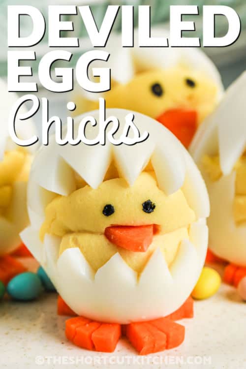 close up of Deviled Egg Chicks with a title