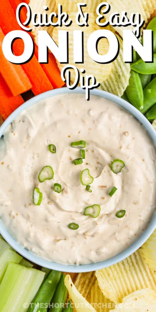 close up of Onion Dip Recipe with writing