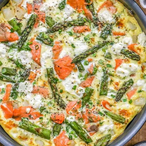 pan with cooked Salmon Asparagus Frittata