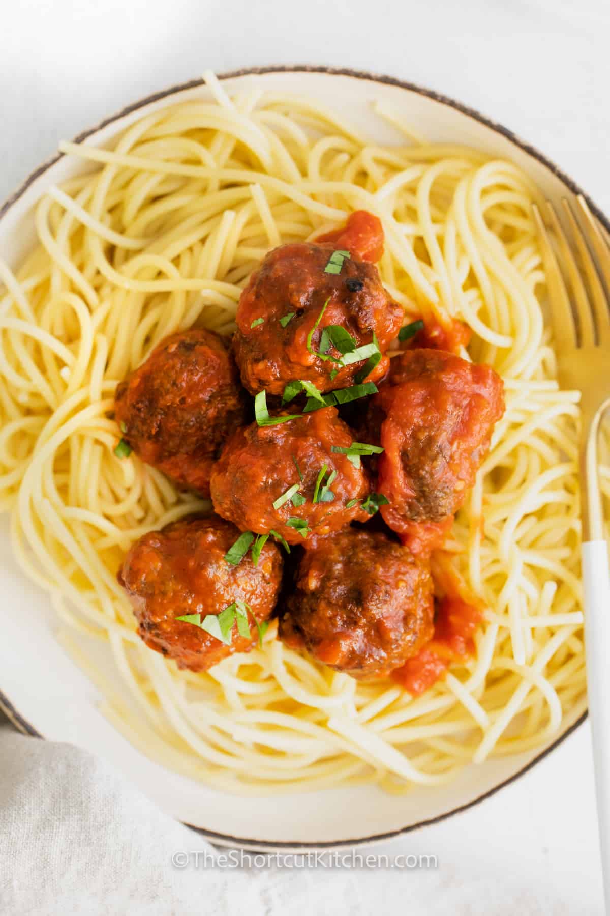 Easy Air Fryer Meatballs on spaghetti