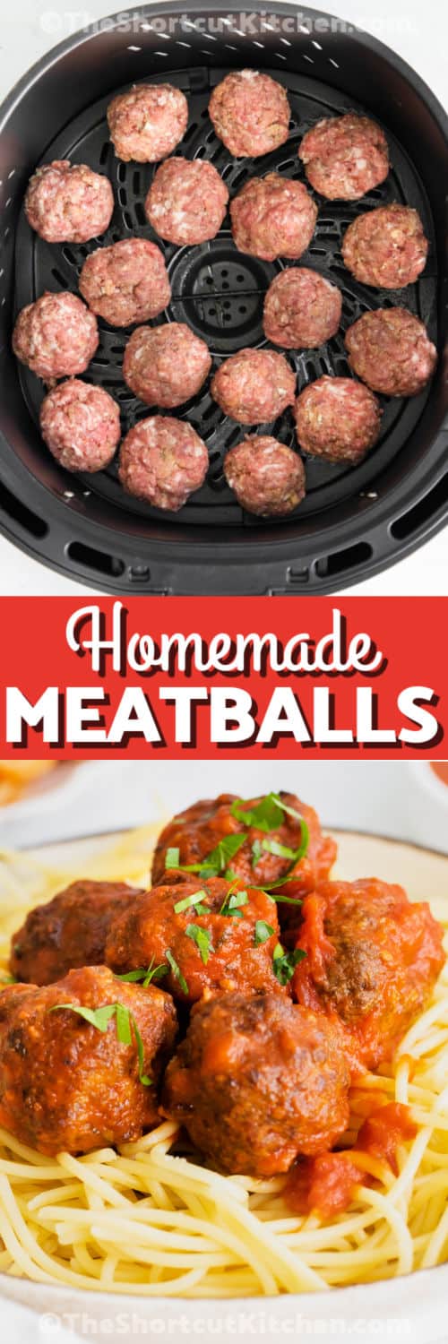 Easy Air Fryer Meatballs in the fryer and plated with writing