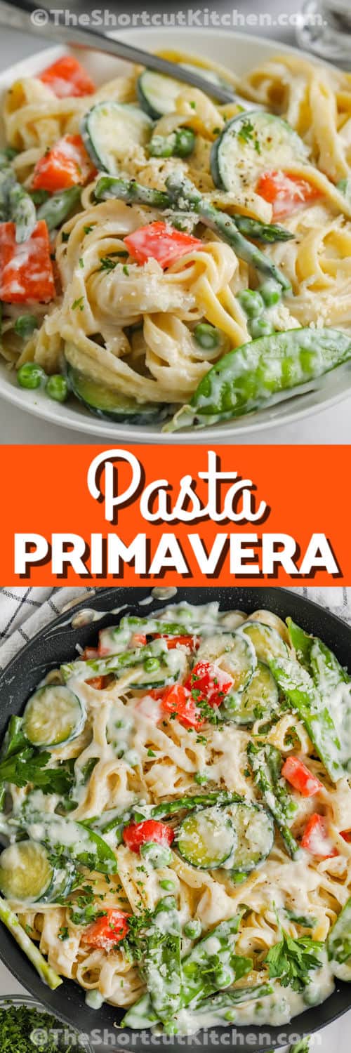 Pasta Primavera cooked in the pan and plated with writing