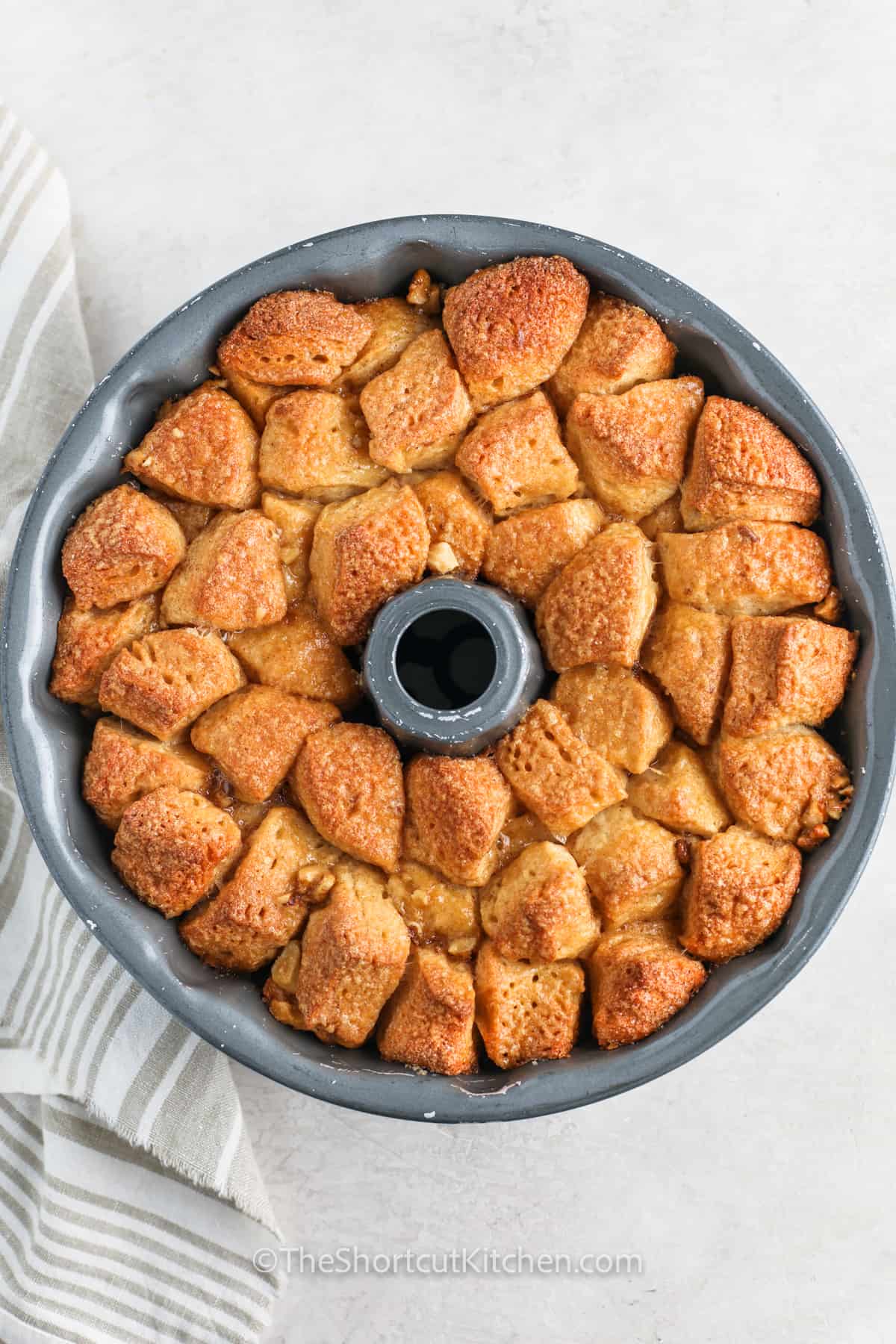 baked recipe for Monkey Bread in a bundt pan