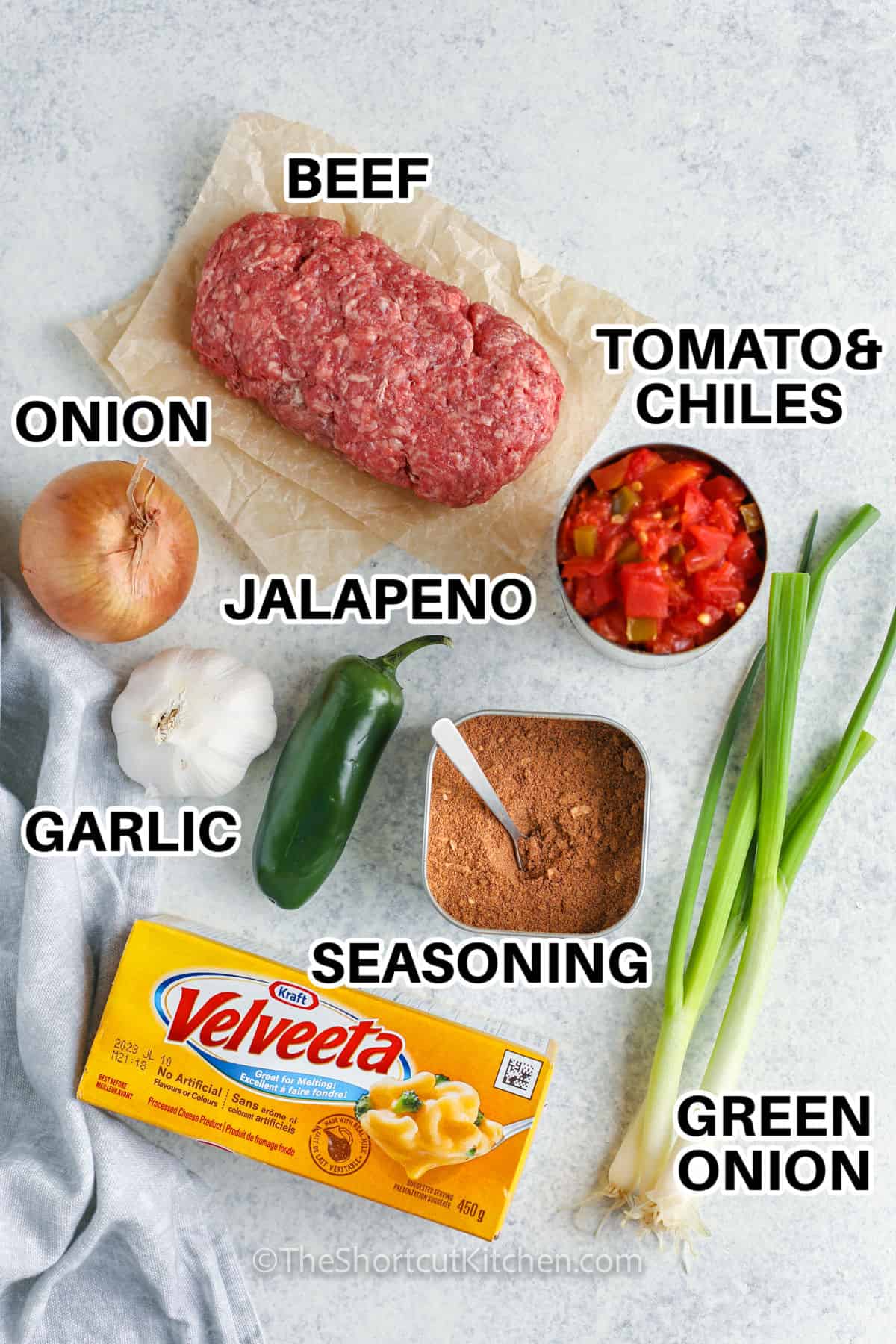 beef , tomatoes , chiles , onion , jalapeno , garlic , seasonings and green onion with labels to make CrockPot Taco Dip Recipe